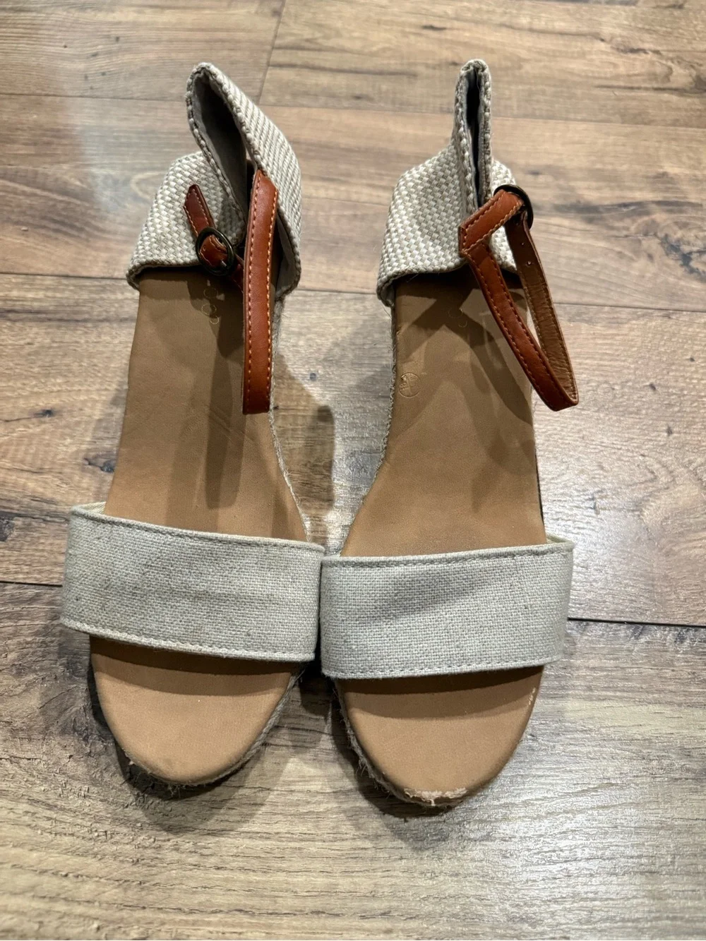 BAMBOO Beige Canvas Espadrille Wedge Sandals with Brown Ankle Strap